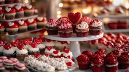 A vibrant array of Valentine's Day cupcakes showcases red and white colors with heart-shaped decorations, perfect for celebrating love at a cozy bakery setting