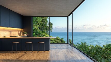 Fototapeta premium Modern kitchen with ocean view at sunrise.