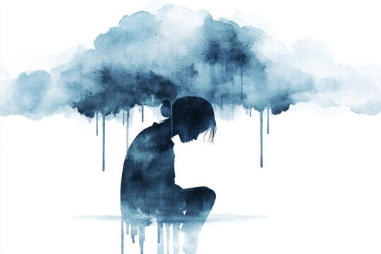 A soft watercolor painting of a person sitting under a stormy sky, their head bowed as rain softly blends into their silhouette, symbolizing shame and regret