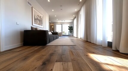 Fototapeta premium Modern living room with hardwood floors and natural light.