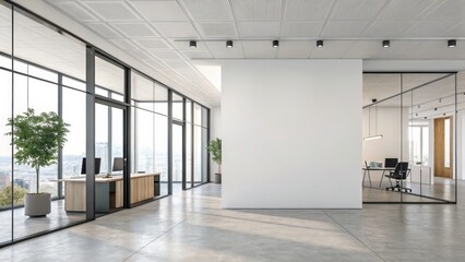 Modern Office Interior Design Concrete Floor, Glass Walls, Blank Wall, Minimalist Concept, 3D Render, Office Space Office Design, Interior Design