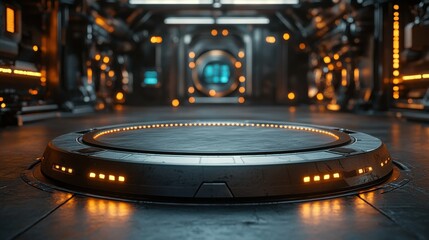 Futuristic Product Showcase: A sleek, circular platform with glowing orange accents sits at the center of a futuristic, metallic room.
