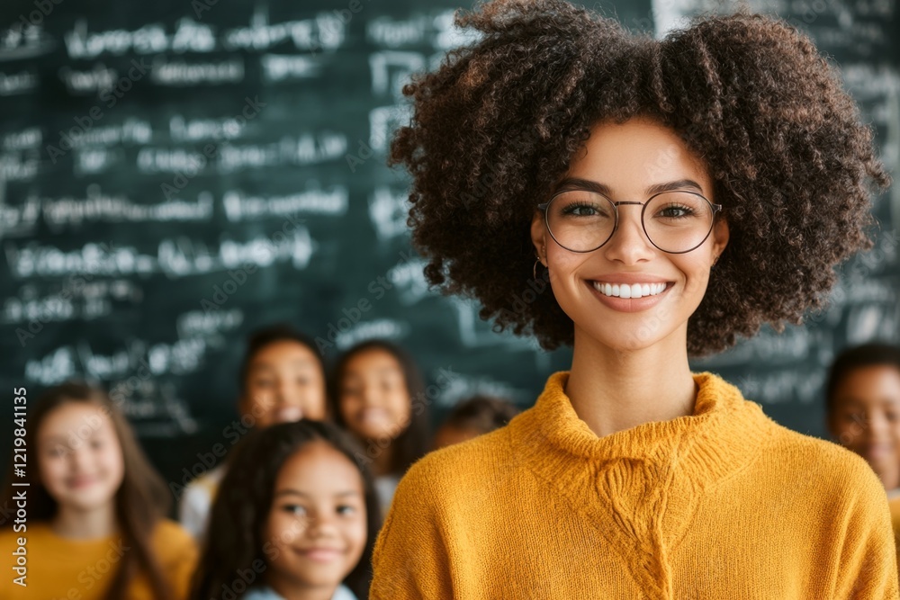 Poster a teacher smiling proudly as they stand in front of a chalkboard filled with lesson notes, surrounde