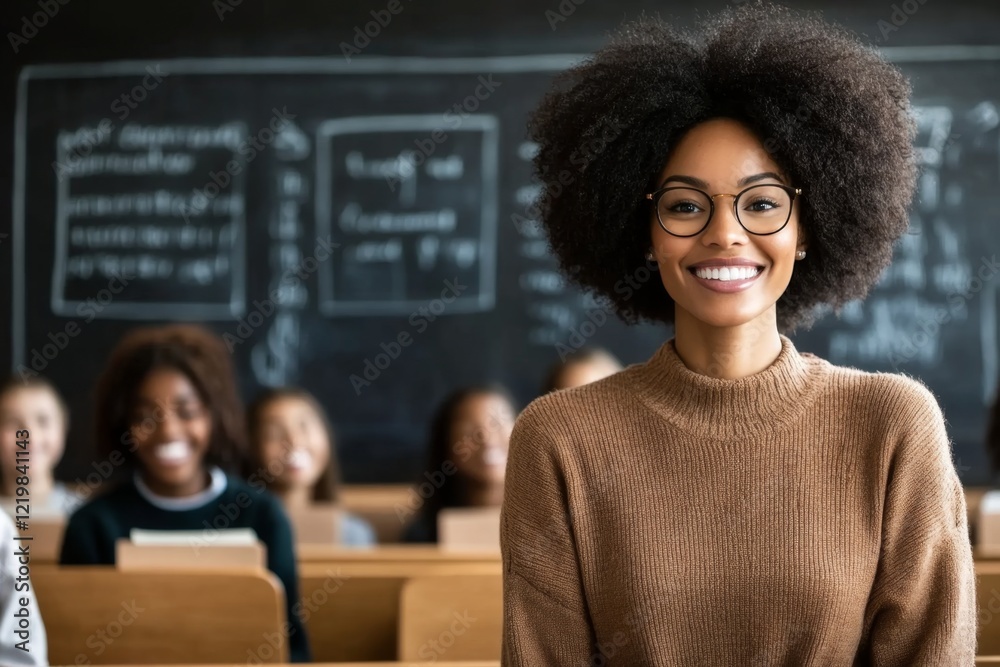 Poster a teacher smiling proudly as they stand in front of a chalkboard filled with lesson notes, surrounde