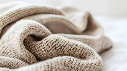 Soft, beige knitted fabric draped on a surface. Texture and comfort emphasized in this close-up shot.
