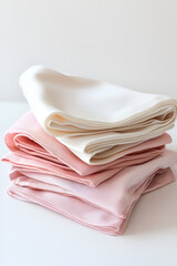 Stack of neatly folded pastel-colored linens. Soft, luxurious fabrics perfect for elegant settings.