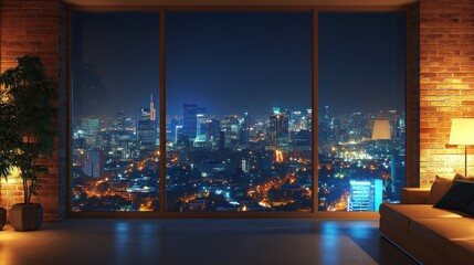 Modern loft apartment with night city view.