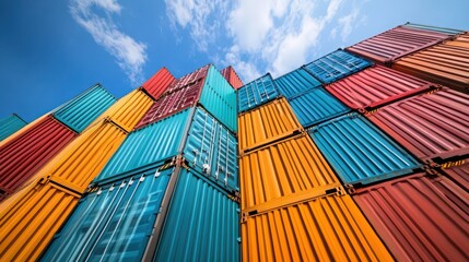 Fototapeta premium Stacked shipping containers in red, yellow and blue against a blue sky with clouds
