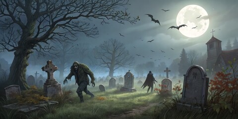 Fototapeta premium Night Cemetery Digital Painting, Zombie, Gothic Horror, Full Moon, Bats, Graveyard, Church Gothic Horror