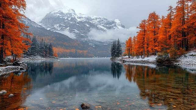 Autumnal lake, snowy mountains, reflection, fall foliage, nature scenery, calendar