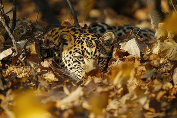 Obraz premium A Amur leopard camouflaged amidst autumn foliage in the forests of eastern Russia, its spotted coat blending with fallen leaves