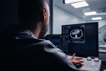 A doctor reviews X-ray images in the MRI control room while monitoring the patient's examination....
