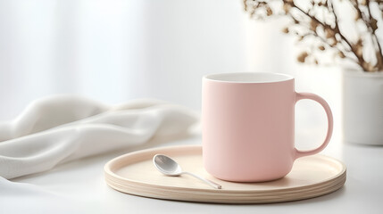 Fototapeta premium Pink mug on wooden tray, minimalist setting. Perfect for a cozy morning or afternoon tea.