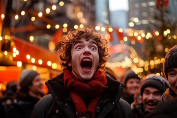 Fototapeta premium A young man in a crowded street, looking shocked as a street performer pulls a surprising stunt, with bystanders laughing and clapping