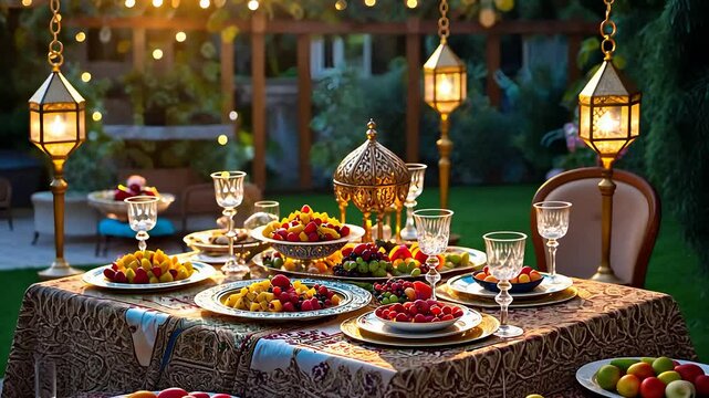 Outdoor dining table with colorful fruit platters, decorative lanterns, and glasses in a cozy, festive garden setting.

