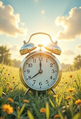 Vintage clock on grassy field at sunset, daylight saving theme