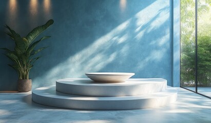 Round White Table Podium Mockup Against Smooth Blue Wall for Product Display in Modern Minimalist Interior