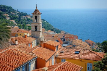 Obraz premium Mediterranean town nestled against hillside overlooking vast blue sea. Terracotta-tiled roofs, pastel-colored buildings create picturesque scene. Bell tower stands tall. Vacation destination in