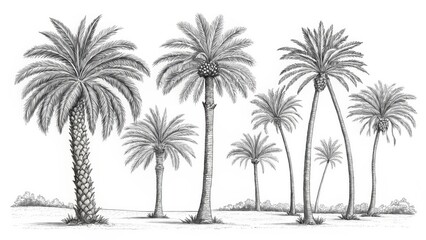 Pen and Ink Palm Tree Grove Detailed Botanical Illustration, Black and White, Tropical Landscape, Palm Trees, Oasis Palm Trees, Botanical Illustration