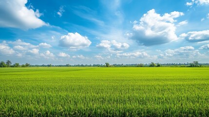 Rice fields under a clear blue sky with fluffy white clouds. Featuring a wide and open landscape. Highlighting the vastness and beauty of the countryside. Ideal for nature and agricultural themes.