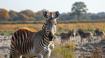 Obraz premium Striped zebra stares, herd blurred background.