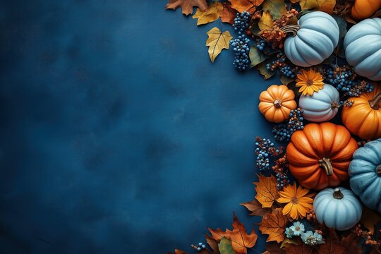 Autumnal decor arrangement with pumpkins and leaves on blue background. Colorful pumpkins and fall leaves create festive autumnal ambiance. Top view composition for fall decor or holiday cards.