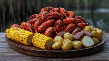 Indulge in a Classic Southern Crawfish Boil with Corn on the Cob, Potatoes, and Sausage - Perfect Backyard Feast Experience Near Scenic Lake Setting