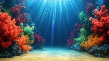 Naklejka premium Vibrant Underwater Coral Reef Scene with Sunlight Rays Illuminating Colorful Marine Life and Seascape - Explore Stunning Oceanic Beauty and Biodiversity