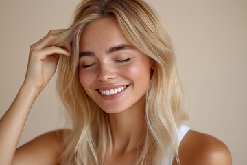 Obraz premium Studio portrait of happy Caucasian woman adjusting hair with closed eyes. Natural smile, healthy skin. Attractive, expression happy. Image suitable for beauty products, skincare, lifestyle, fashion
