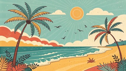 Obraz premium Retro Beach Scene Palm Trees, Ocean Waves, Sun, Vintage Style Illustration, Summer Vacation, Tropical Paradise, Beach Art Beach Scene