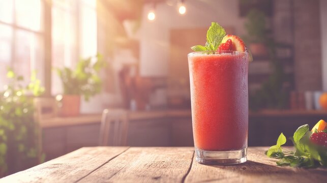 Bright Fruit Smoothie on Rustic Kitchen Table