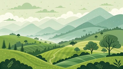 Serene Green Hills Landscape Illustration, Flat Design, Nature Scene, Rolling Hills, Green Mountains, Pathway Nature, Landscape