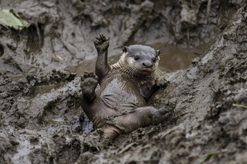 Fototapeta premium A Asian small-clawed otter playfully sliding down muddy riverbanks in the wetlands of Bangladesh.