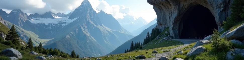 Obraz premium Majestic mountainscape with a mysterious cave entrance, natural, landscape