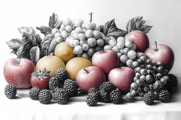 detailed black and white illustration of assorted fruits including pineapple grapes apple and peaches in vintage botanical style