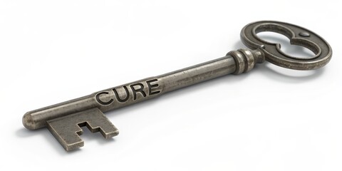 Skeletal Key with Cure Inscription 3D Render, Metal Texture, Medical Solution, Hope, Key to Healing Keywords Medical, Solution