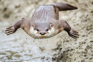 Fototapeta premium A Asian small-clawed otter playfully sliding down muddy riverbanks in the wetlands of Bangladesh.