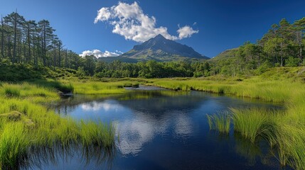 Fototapeta premium Mountain and sky reflect in stream, lush green grass.