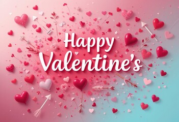 A festive Valentine's Day design featuring the words Happy Valentine's, surrounded by hearts, arrows, and confetti on a pink and blue background.