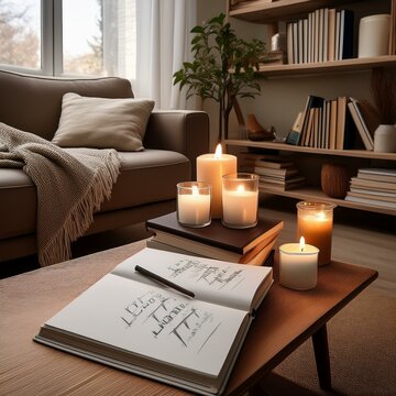 Generated image A cozy living room with a stack of self-help books, candles, and a notebook open to goal set