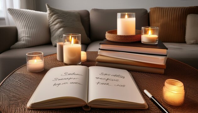 Generated image A cozy living room with a stack of self-help books, candles, and a notebook open to goal set