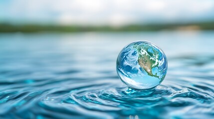 A crystal-clear globe reflecting North America, floating on tranquil water ripples.