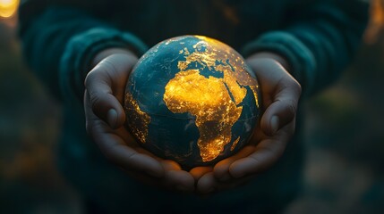 Fototapeta premium Hands holding a glowing Earth globe, symbolizing connection and environmental care.