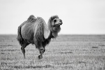 Obraz premium A Bactrian camel trekking through the arid deserts of Mongolia, its shaggy coat protecting it from the harsh climate