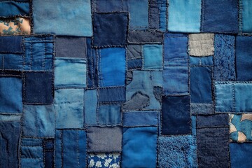 Blue denim patchwork texture shows creative use of different denim scraps. Unique textile design made from various shades of blue denim. Intricate patchwork pattern created using traditional sewing