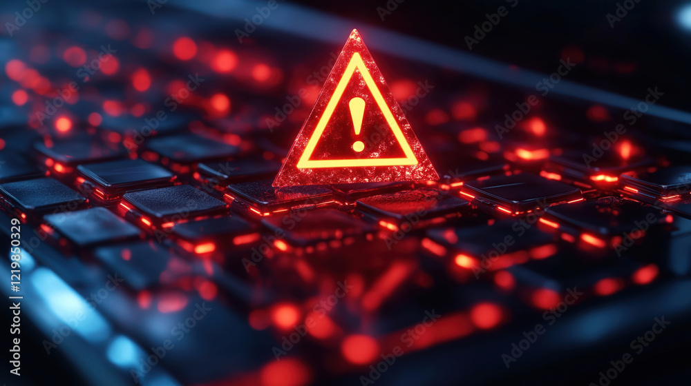 Poster close-up view of laptop keyboard with red alert triangle, exclamation mark. triangle cybersecurity t