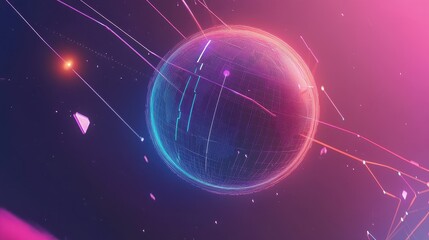 Obraz premium A floating digital globe with animated network lines representing real-time trade flows, isometric view, high-tech, gradient neon tones.