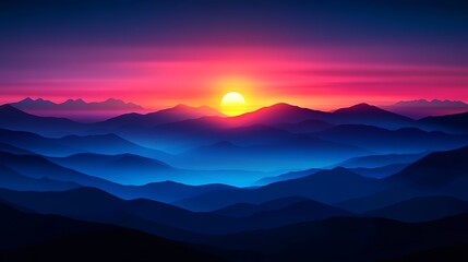 Fototapeta premium Majestic Sunset Over Serene Blue Mountains: A Vibrant Landscape Painting