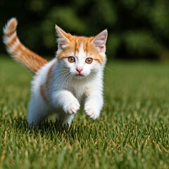 Kitten running around energetically on the meadow