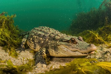 Naklejka premium A Chinese alligator resting in shallow waters of a marshland in the Yangtze River basin, its armored scales gleaming.